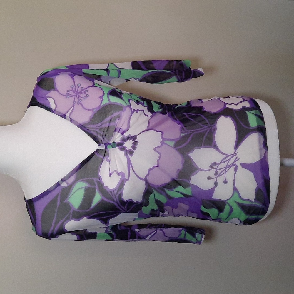 New York & Company Women's Stretch Mesh Top, Purple and Black Floral Print